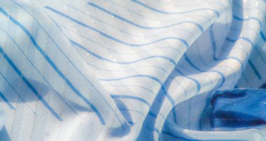 İnce, parıldayan çizgileri olan mavi kumaş bulanıklığı zarifçe katlanır ve dalgalar yaratır. Işık yansıması dokuyu güçlendirir, yumuşak ve ışıltılı bir görünüm verir..