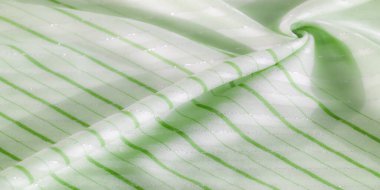 Yumuşak çapraz çizgileri olan açık yeşil kumaş doğal olarak katlanır, ince metalik bir parıltıyı yansıtır. Doku, doğal ışık altında pürüzsüz ve zarif yüzeyini vurgular..