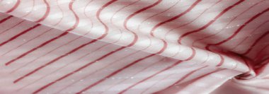 İnce kırmızı ve gümüş aksanlı pembe kumaş aksanı yumuşak ve örtülü bir görünüm yaratıyor. Nazik kıvrımlar ve ışıldayan röfleler tasarım projeleri için ideal doku ve zarafet ekler.