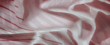 Yumuşak kıvrımlar halinde akan bir kumaş ince gümüş çizgiler ve koyu kırmızı çizgilerle süslenir ince gölgeler ve vurgular zarafetle basit bir görsel harmanlama oluşturur.