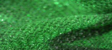 Işıldayan ipliklerle süslenmiş yeşil desenli bulanık kumaş ve yumuşak bir odak. Karmaşık dokuma ve ışık yansımaları zarif, katmanlı bir derinlik ve doku yaratıyor..