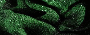 Parlak parıltılar ve yansımalarla vurgulanmış, çarpıcı bir parıltı efektiyle bulanık yeşil kumaş dinamik ve zarif bir görünüm yaratıyor..