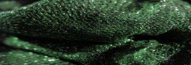 Yeşil parıldayan kumaş, narin dokusunu ve parıldayan yüzeyini vurgulayan çok güzel detaylı bir çekimle çekiliyor. Katlar kumaşları daha da güzelleştiriyor..