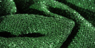 Karmaşık parlak ipliklerle örülmüş yeşil dokuma kumaş. Kumaşlar ışığı yansıtıyor, koyu yeşil renge karşı ışıl ışıl bir etki yaratıyor, dokusunu ve lüksünü arttırıyor..