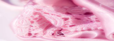 Görüntü pürüzsüz satenin üzerine örtülmüş pembe dantelin sanatsal yakın plan çekimi, narin çiçek desenlerini ve ayrıntılı işçiliğini vurguluyor. Görüntü kadınsı ve lüks bir his yaratıyor..