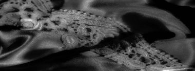 Karmaşık dokunmuş dantel ve saten kumaş zengin, lüks bir doku sunuyor. Işık ve gölgelerin oyunu parıltılı kıvrımları ve ince detayları güçlendirir..