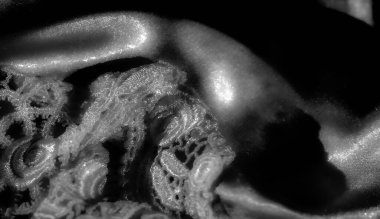 Yumuşak, akışkan saten üzerinde duran ince dantel kumaşın bulanıklığı. Dantelin karmaşık desenleri kumaşın ipeksi parıltısına karşı duruyor. Yumuşak ve zarif bir doku oluşturuyor..