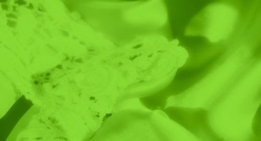 Yumuşak yeşil saten üzerinde duran ince dantel kumaşı bulanıklaştırın. Dantelin karmaşık dokusu satenin yumuşak parıltısıyla çelişiyor, ışık ve gölgenin canlı etkileşimini yaratıyor.