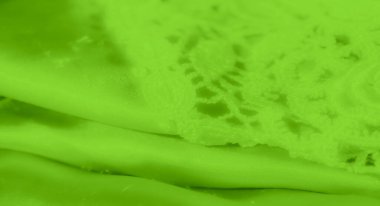 Detaylı işlemeli yeşil kumaş ve dantel karışımı, yumuşak dokular ve karmaşık desenler. Kumaşın nazik kıvrımları ince ve hassas bir görüntü sağlıyor..