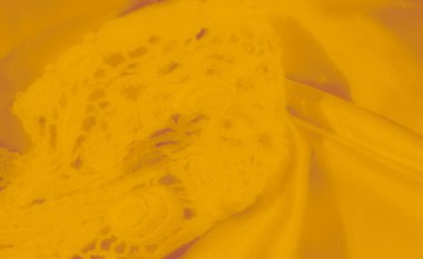 İnce çiçek desenleri ve ince detaylarıyla karışık sarı dantelli dantel yumuşak ve hafif görünüyor. Kumaşın tasarımına hassas bir dokunuş katıyor.