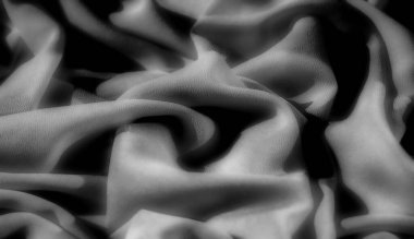 Siyah, gri tonda örtülü kumaş, yumuşak, akışkan çizgiler ve zarif kıvrımlar vurgulanıyor. Işık ve gölgeli soyut tasarım onu tekstil, sanat ve iç dekorasyon projeleri için ideal hale getiriyor..