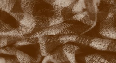 İnce kıvrımları ve yumuşak dokuları olan sepia tonlarında kareli kumaş bulanıklığı. Dokuma malzemesi karmaşık detaylar gösteriyor, gölgeler tekstil yüzeyinin derinliğini ve boyutunu arttırıyor..