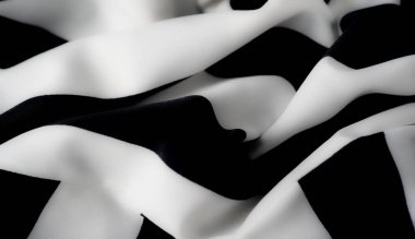 Yumuşak kıvrımları ve gölgeleri olan pürüzsüz siyah ve beyaz çizgili kumaş. Alternatif çizgilerin karşıtlığı dinamik bir görsel etki yaratarak, kumaşın yüzeyinin dokusunu vurguluyor..