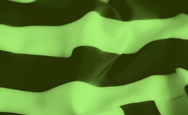 Pürüzsüz, parlak yeşil ve siyah çizgileri olan, yumuşak kıvrımlı, akışkan bir kumaşın bulanıklığı. Zengin dokusu ve kontrastı yüzey boyunca dinamik bir görsel ilgi yaratır..