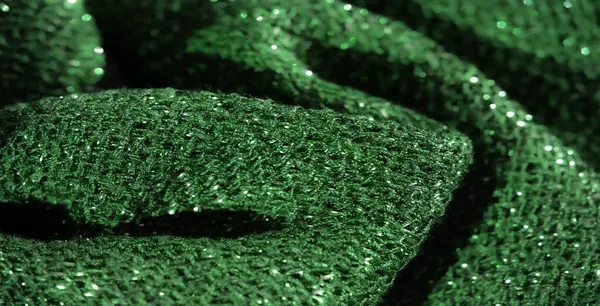 Karmaşık parlak ipliklerle örülmüş yeşil dokuma kumaş. Kumaşlar ışığı yansıtıyor, koyu yeşil renge karşı ışıl ışıl bir etki yaratıyor, dokusunu ve lüksünü arttırıyor..