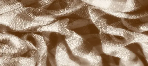 Sıcak, sepya tonlu damalı desenli kumaş yüzeyinin bulanıklığı. Kumaşın yumuşak dokusu ve doğal kıvrımları hafif bir ışık ve gölge etkileşimi yaratarak pürüzsüz kıvrımlara derinlik katlıyor..