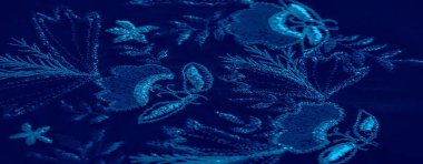 Koyu mavi kumaştan oluşan bulanıklık zarif bir şekilde katlanır. Karmaşık ve soyut bir görüntü oluşturan gölgeler oluşturur. Yumuşak, dokulu yüzey, kumaşların lüks havasını arttırır.