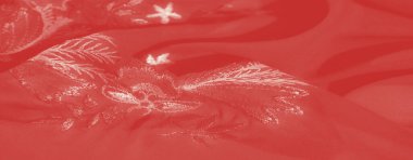 Görüntü. Kırmızı kumaş karmaşık çiçek nakışlarıyla süslenmiş, hassas dikişlerin güzelliğini yakalıyor. Kumaşın pürüzsüz dokusu süslü nakış detaylarını tamamlar..