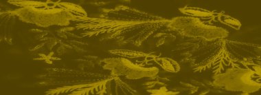 Zarif taç yaprakları ve yapraklarla süslü süslü bir tasarım sergiliyor. Tekstil tuvalinde sıcak, yumuşak bir doku ve karmaşık bir desen oluşturuyor.