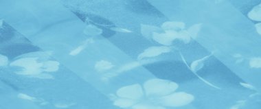 Yumuşak, akıcı dokulara ve nazik çiçek aksanlarına sahip açık mavi bir kumaşın bulanıklığı, dekoratif temalar için mükemmel sakin ve narin bir arkaplan oluşturur..