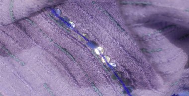 Yeşil ve mavi dikişli bulanık lavanta kumaş. Işıldayan pullar zarif bir dokunuş ekler, sofistike, hassas bir tekstil deseni yaratır..