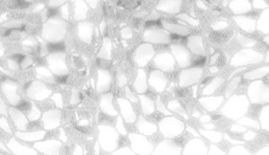 Geniş, açık alanlar ve hassas bir yapıya sahip karmaşık bir ağ deseni gösteren beyaz dantelin bulanık yakın çekimi. Hafifçe aydınlatılmış, zarafet ve zarafet yayıyor..