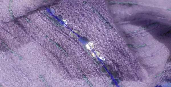 Yeşil ve mavi dikişli bulanık lavanta kumaş. Işıldayan pullar zarif bir dokunuş ekler, sofistike, hassas bir tekstil deseni yaratır..