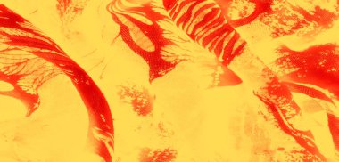 Parlak sarı ve kırmızı kumaştan oluşan bulanık dokular soyut desenlerle birleşerek kalın bir kontrast ve dinamik şekil akışı yaratıyor. Renklerin etkileşimi tasarımı güçlendirir.