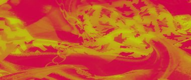 Bulanık detaylı kumaş sergilenen koyu sarı ve kırmızı tasarımlar zincir esinlenilmiş motifler, soyut şekiller ve zengin ve canlı bir görünüm için akan kıvrımlar.