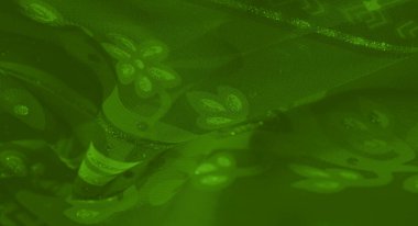 Bulanık katlanmış yeşil kumaş. Karmaşık soyut desenleri ve parıldayan parlak aksanları var. Canlı ve lüks moda veya iç dekorasyon için ideal.