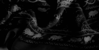 Görüntü - Beyaz fil motifleri ve çiçek detaylarıyla tek renkli kumaş, zarif işçiliğini gösteren akıcı dokulara kusursuz bir şekilde dokunmuş..