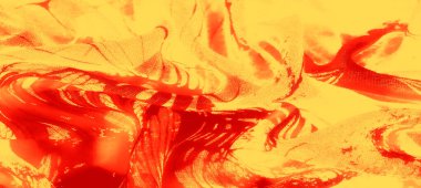 Zengin kırmızı ve altın sarısı tonlarda bulanık kumaş, parlak, enerjik ve canlı bir estetik yaratan dinamik kıvrımlar ve desenler sergiliyor..