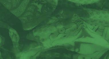 Karmaşık desenleri ve çiçek motifleri olan canlı yeşil kumaş bulanıklığı sanatsal projeler için büyüleyici bir doku ve dinamik kompozisyon yaratıyor..