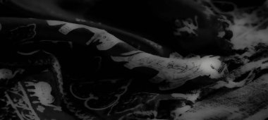 Yumuşak kıvrımlı kıvrımlı ve oynak hayvan desenleri içeren bulanık gri ölçekli kumaş, modern sanatsal estetik için doku ve kontrastın bir karışımını yayıyor..