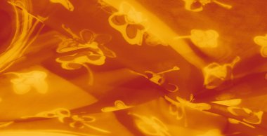 Yumuşak ve dokulu, şeffaf katmanlı şeffaflıkla güçlendirilmiş, dinamik bir estetik için sıcak ışık altında parlayan çiçekli bir turuncu kumaş..