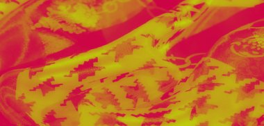 Görüntü: Geometrik ve çiçek motifli yoğun sarı ve koyu kırmızı desenler enerji ve sanatsal yetenek bakımından zengin görsel olarak uyarıcı bir kumaş oluşturur.