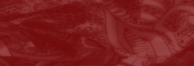 Çiçek ve geometrik desenlerle zenginleştirilmiş canlı kırmızı kumaş bulanıklığı. Cesur ve hassas detayların kusursuz bir kombinasyonu gözleri büyüler..