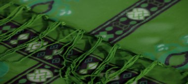 Üzerinde geometrik ve çiçek desenleri bulunan bulanık yeşil kumaş koyu mor aksanlı ve hassas yeşil püsküllerle renklendirilmiş..