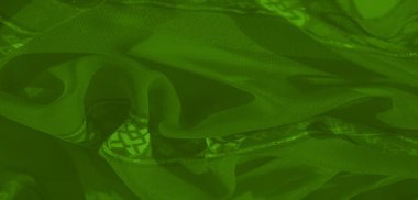 Karmaşık çiçek desenleri ve parıldayan aksanları olan bulanık yeşil kumaş kıvrımları hassas şeffaflıkla yumuşak ve zarif bir görsel etki yaratıyor..