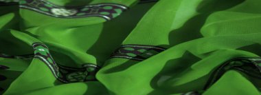 Görüntü: Çiçek ve geometrik desenlere sahip, dokunmuş saçaklarla vurgulanmış ve yumuşak, doğal ışıkla aydınlatılmış görsel olarak çarpıcı yeşil bir kumaş.