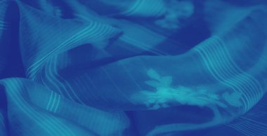 Karmaşık çiçek motifleri ve çizgili detaylarla süslenmiş, bulanık mavi kumaş, uyumlu ve görsel olarak memnun edici bir kompozisyon oluşturuyor..