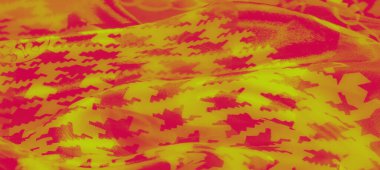 Görüntü, karmaşık dekoratif zincirler, soyut motifler ve lüks bir son için pürüzsüz akış katları ile süslenmiş kumaş ve kırmızı tonların canlı karışımını ortaya çıkarır..