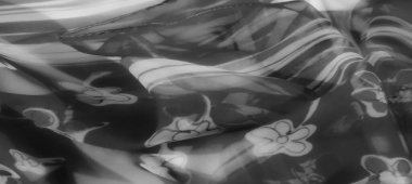 Görüntü. Karmaşık çiçek detaylarıyla monokromatik kumaşa yakın plan. Kumaş yumuşak bir yapıyla akar, estetik zarafetini ve modern cazibesini arttırır..