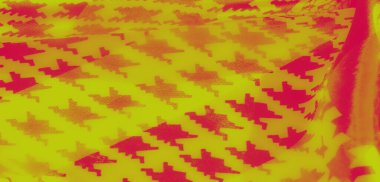 Görüntü. Sarı ve kırmızı tonlu büyüleyici bir kumaş, çiçekli motifler, karmaşık dokuma, renk ve tasarımın dinamik etkileşimi.