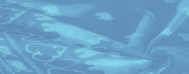 Bulanık mavi kumaş, çiçek ve hayvan motifleri yüzeyine basılmış. Hafif kıvrımlar karmaşık detayları ve görsel cazibeyi arttırır..