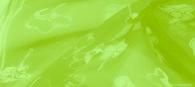 Görüntü. İnce kıvrımlar ve pürüzsüz bir doku ile geliştirilmiş, zarif çiçek desenleri ile parıldayan yeşil yarı şeffaf bir kumaş. Uyumlu ve görsel olarak çekici bir kumaş tasarımı yaratıyor.