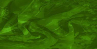 Katmanlı yeşil kumaş, ince parıldayan çiçekli ve soyut desenli, yumuşak, akışkan kıvrımlı zarafet saçan ve ışıldayan süslemeler..