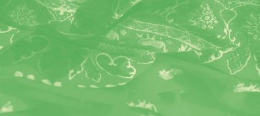 Yumuşak ve zarif bir poz, desenli ve çiçekli bulanık yeşil kumaş. Katlar, kumaşın görünümünü geliştirmek için ışık ve dokudan oluşan güzel bir etkileşim yaratır..