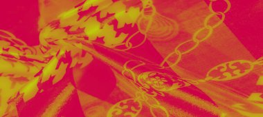 Karmaşık zincir halkaları, çiçek motifleri ve parıldayan estetik arkaplan ile geometrik bir houndstooth içeren yumuşak, parlak sarı ve kırmızı kumaş bulanıklığı..