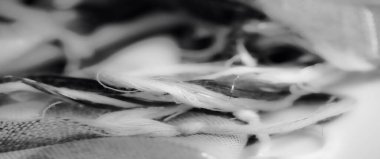 Görüntü. Hassas dokuları ve karmaşık dokuma kalıpları olan yumuşak, gri ölçekli kumaş görüntüsü sofistike ve minimalist bir güzelliği çağrıştırıyor..